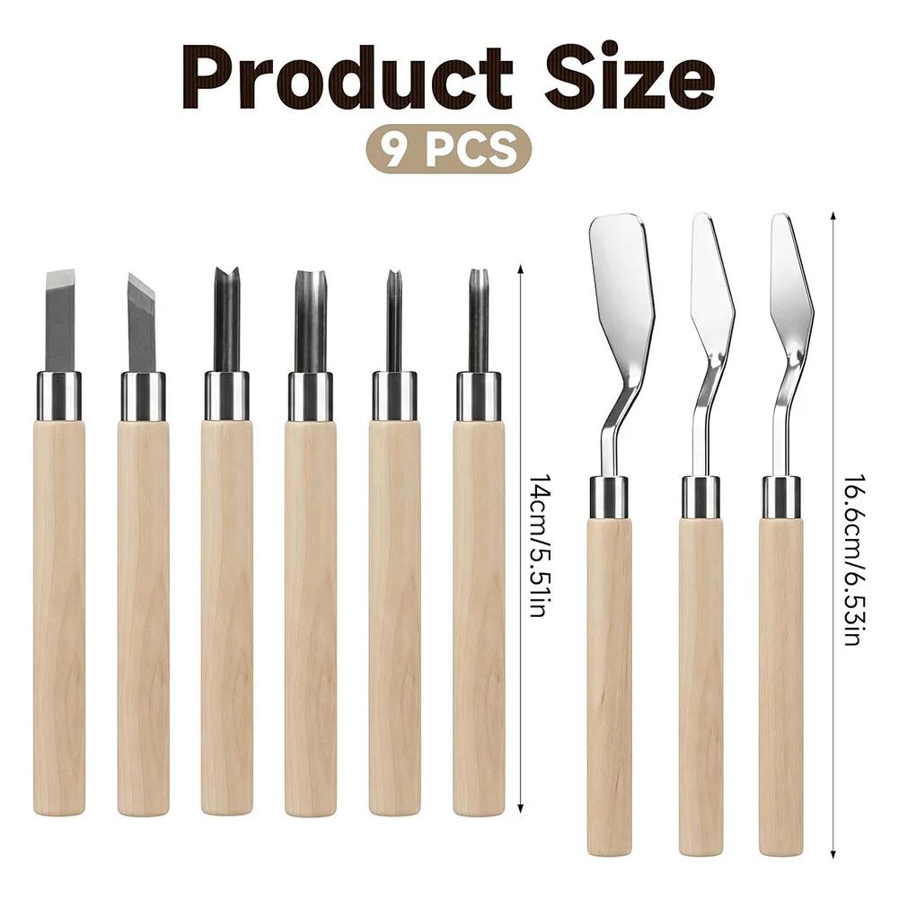 9-Piece Wooden Handle Linoleum Carving Kit For Printmaking & Stamping Cutting Linoleum Cutter Hand Tool Set