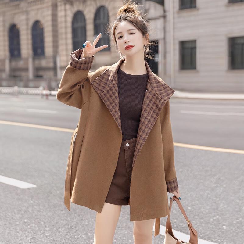 Women's Contrast Plaid Waist-Tie Trench Coat