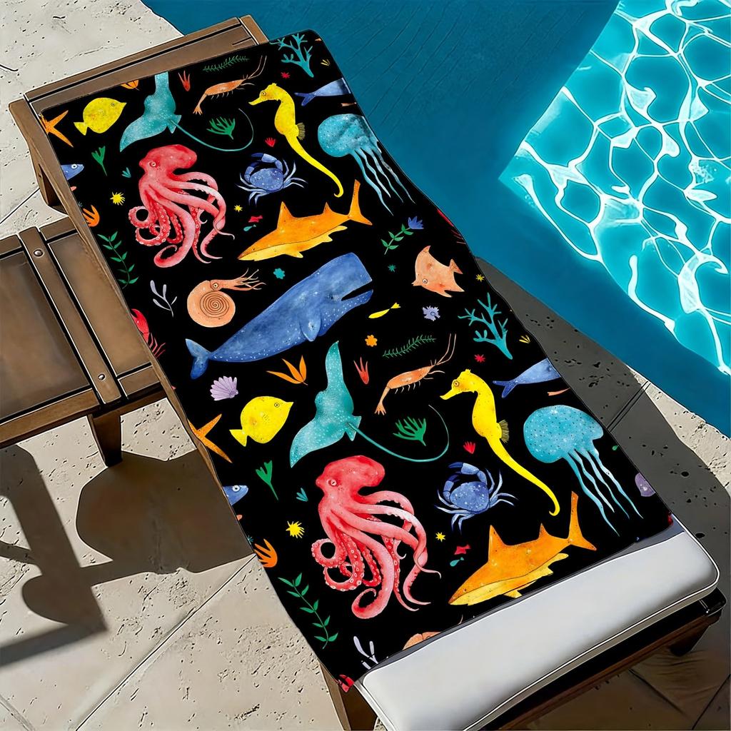 Bunte Muster von Meereslebewesen Mikrofaser-Strandtuch ist hoch saugfähig, geeignet für Schwimmen und Strandausflüge