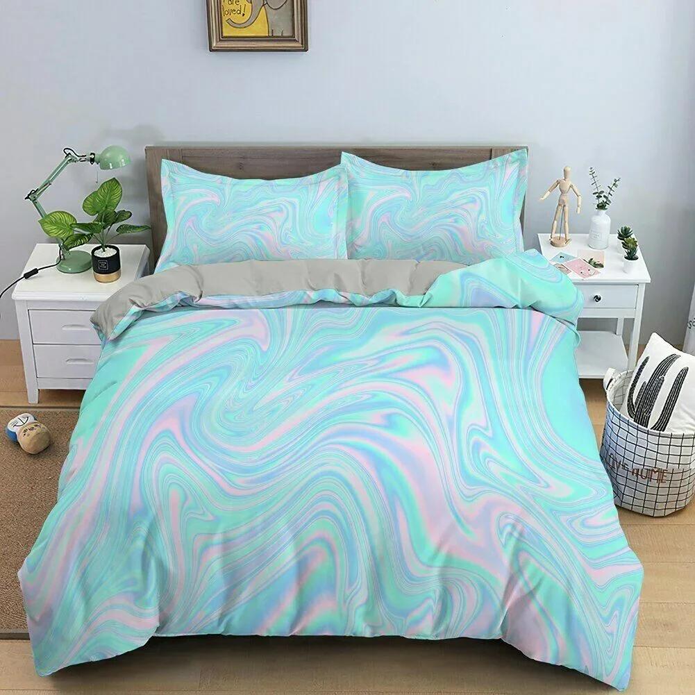 3D Modern Pastel Rainbow Marble Comfortable Duvet Quilt Cover Pillowcase Bedding Set Children Bedroom Decoration Home Textile