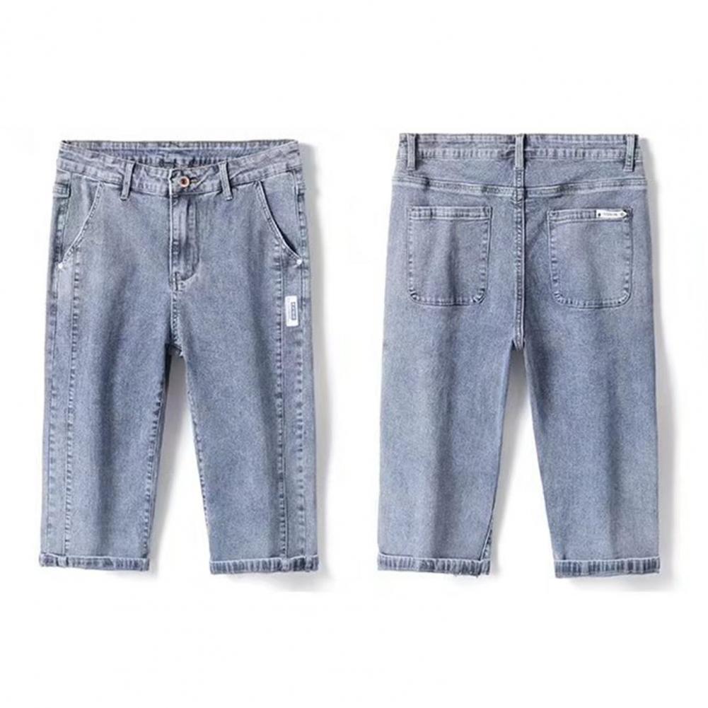 Jeans Corti da Uomo Stile Gamba Dritta Tinta Unita Pantaloni Denim a Metà Polpaccio Chiusura con Bottone e Cerniera Pantaloni Estivi Sottili Corti