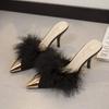 Fur Slippers Woman High Thin Heels Woman Shoes Sexy Pointed Toe Outdoor Slides Fashion Summer House Slippers Flip Flops Sandals