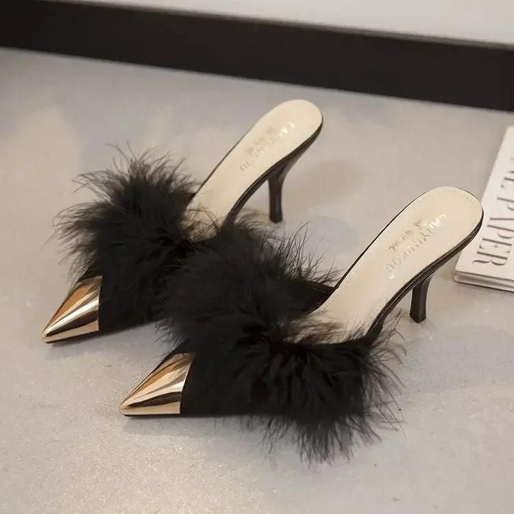 Fur Slippers Woman High Thin Heels Woman Shoes Sexy Pointed Toe Outdoor Slides Fashion Summer House Slippers Flip Flops Sandals