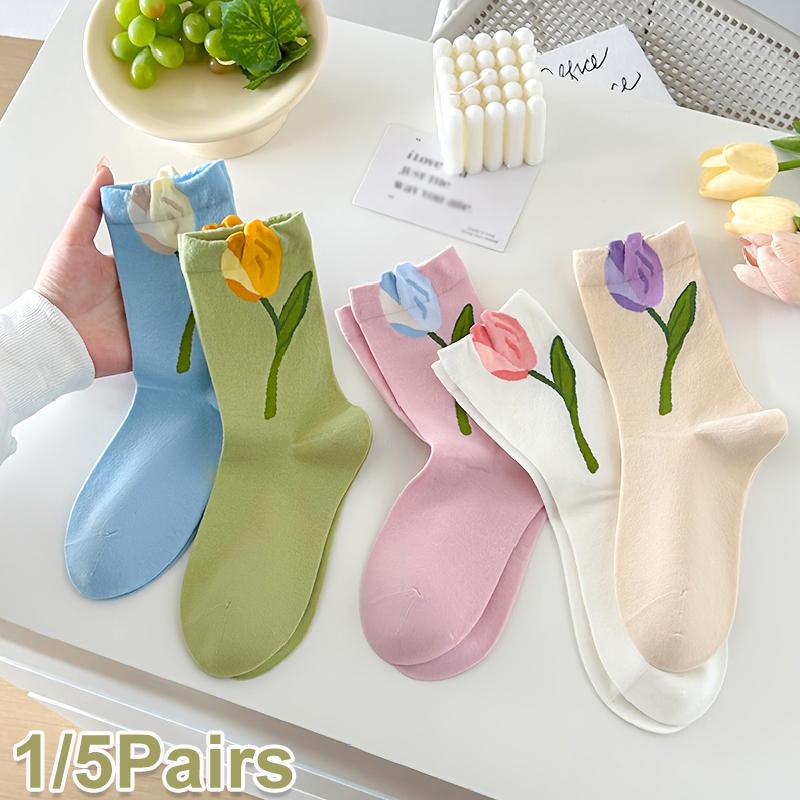 1/5 par Strumpor Mångsidiga Mellankorta Strumpor Bekväma Blommig Design Söt 3D-mönster Söt Tulpanform Andningsbar En Storlek