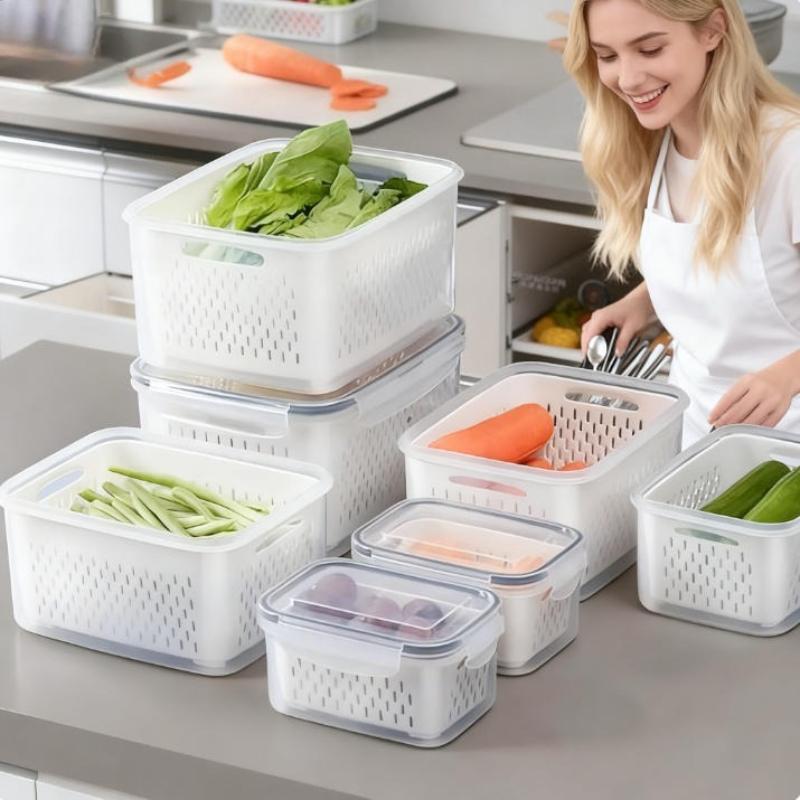 13Pcsset Reusable Plastic Food Storage Container Suitable (5 Lids+5 Boxes+3 Drainage Baskets)