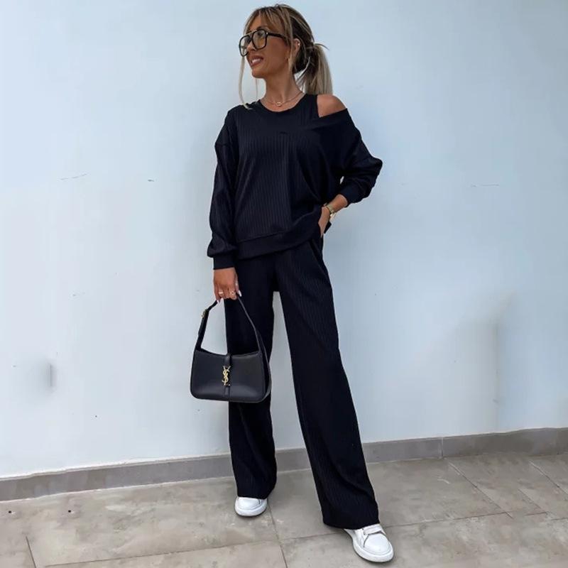 2026 New Women's Solid Color V-Neck Long Sleeve Vest Top with Casual Pants 3-Piece Outfit Set