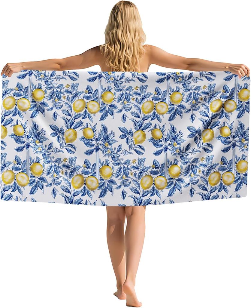 Mittelmeer Zitrone Strandtuch, Mittelmeer Sizilianische Zitronen Sand Strandtücher Geschenke für Frauen, Chinoiserie Blaubeere Zitrone