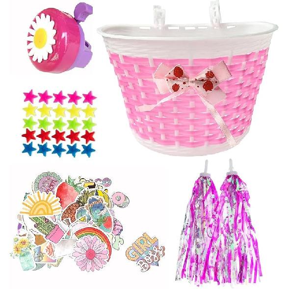 Kids Bike Decorations Accessories,Bicycle Scooter Basket, Children Bicycle Bell,Bike Handle Streamers and Stickers, Bike Star Spoke Decoration Set розовый