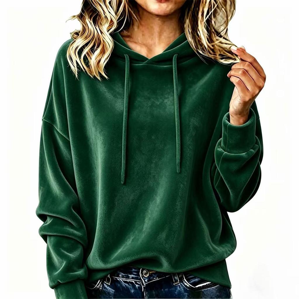 Women's Velvet Hoodie - Color Loose Fit Long Sleeve Top for Casual Wear