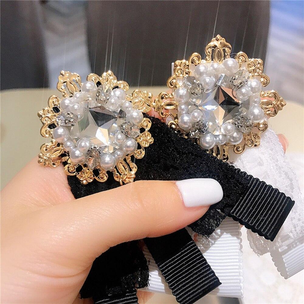 Lace Bow Brooch Rhinestone Simulation Pearl Corsage Vintage Sweet Women Collar Lapel Pin Clothes Decor