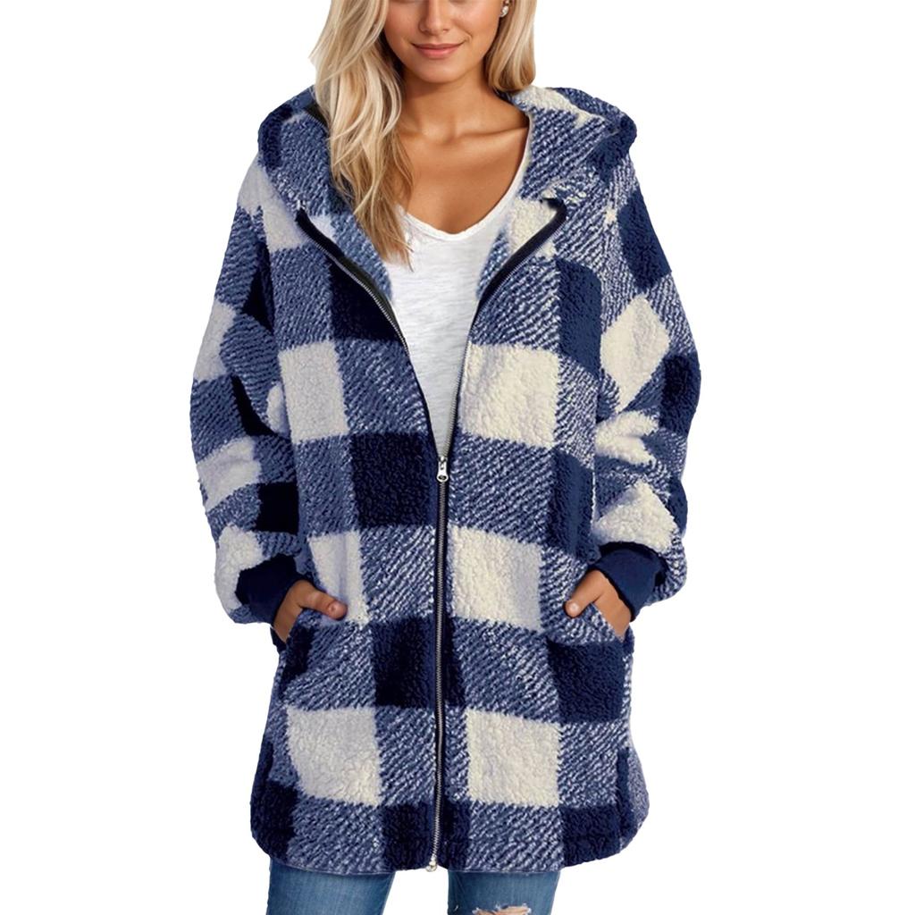 Women's Casual Plush Long Sleeve Plaid Hooded Zipper with Pocket Loose Coat