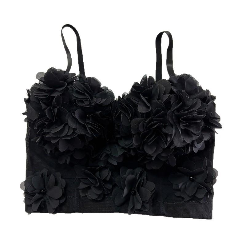 

Кружевной сетчатый корсетный топ короткого стиля с нагрудными подушечками, цветочный жилет для ношения поверх одежды, базовый топ с обхватом груди, французский топ с бисером XL чёрный