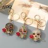 Gothic Skull Keychain Holding Rose Rhinestone for Halloween Skeleton Halloween Head Key Ring Chain Accessory Handbags Backpacks Zinc Alloy Ring