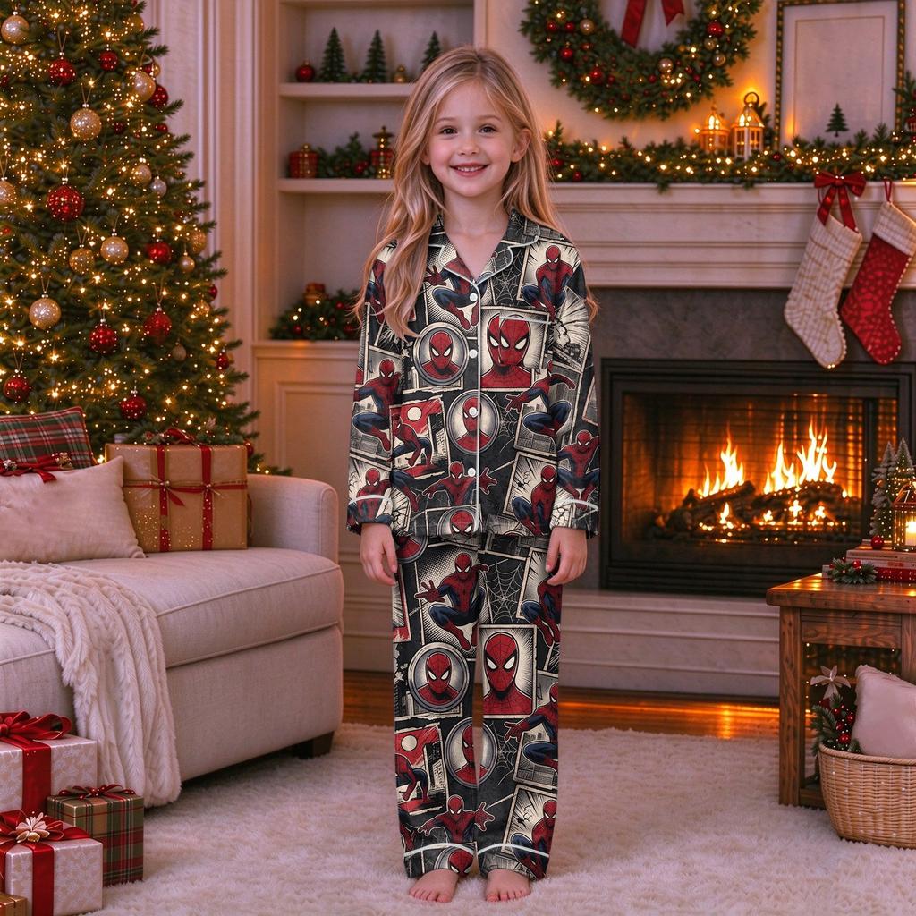Christmas Parent-Child Matching Outfit with Stand Collar, Button Front and Festive Print