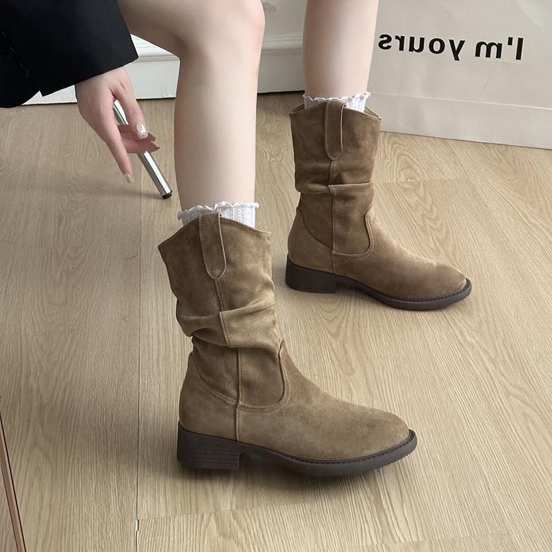 Pleated Stacking Boots 2025 New Summer Thick Heel V Mouth Thin Versatile Low Tube American Retro Western Cowboy Boots