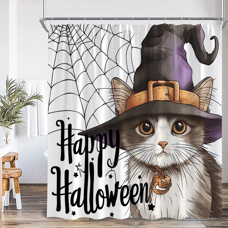 Horror Halloween Shower Curtains Pumpkin Skeleton Black Raven Cat Castle Skull Bath Curtain Set Home Bathroom Decor with Hooks