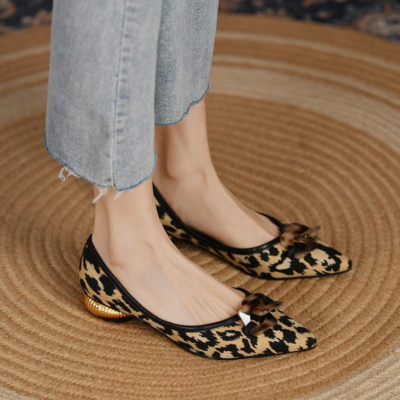 Women's Low Heel Shoes Pointed Toe Square Heel Sexy Women's Shoes Leopard Print Suede Outdoor Leisure Comfortable Zapatos Mujer