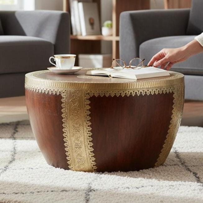 Wooden Solid Handicrafted Brass Embossed Drum Coffee Table Brass Center Table with Intricate Carvings Style , Embellished Round Side Table