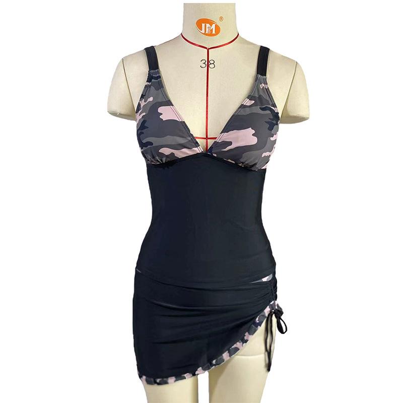 European & American Women's Halter V-Neck Backless Skirted Two-Piece Swimsuit