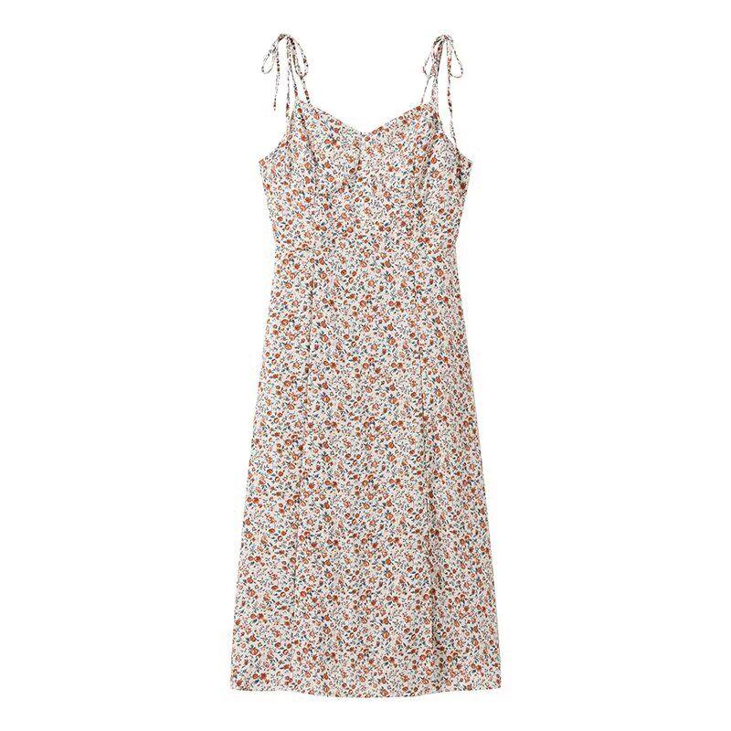 Kaslead New Arrival Women's Clothing Fashion Style Fashion French Simplicity Print Sling Half Slit Dress