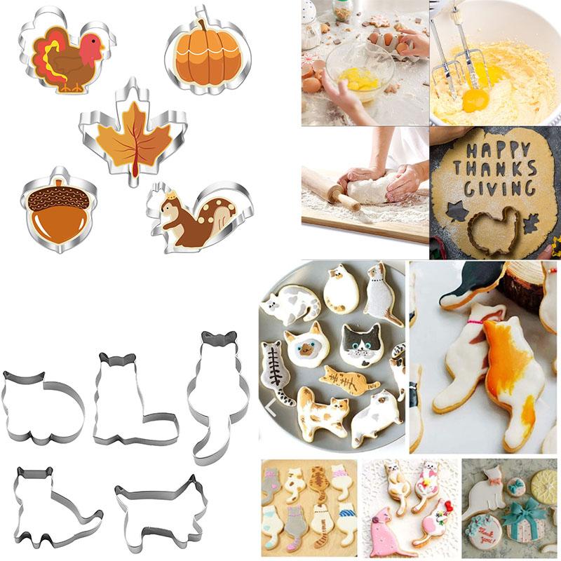 Thanksgiving and Cat-Shaped Cookie Cutter Stainless Steel Biscuit Molds for Baking Pastry Fondant Cake Decoration Kitchen Tools