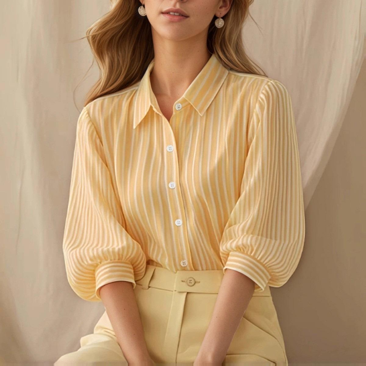 Women s Striped Puff 3/4 Sleeve Lapel Shirt Elegant Commuter Blouse Top S