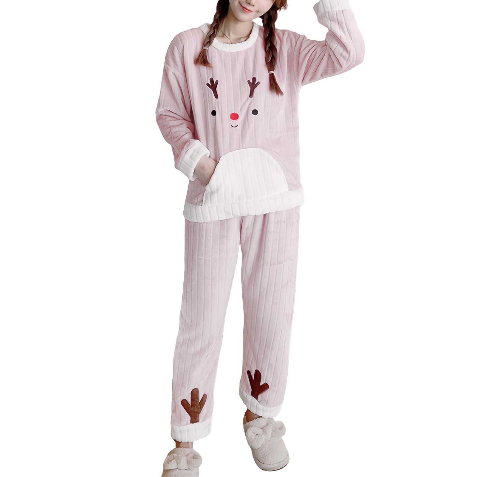 

DayaEmmoTQ Cute Embroidered Flannel Long Crew Coral Cold Weather Plus Available in Three Colors for and Spring Women s Pajamas, Sleeves, Neck,