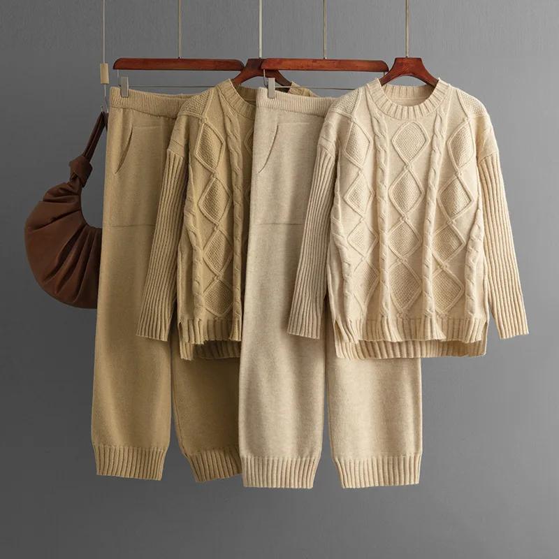 Solid Twist Thick Sweater Two Pieces Suits Ladies Loose Warm Top Wide Legs Long Pants Fashion French Casual Knitted Sets