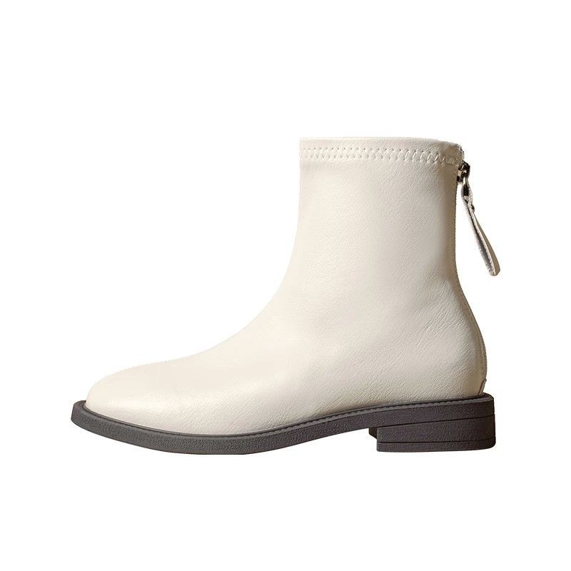 One kick of the Korean heroine, new back zipper flat skinny boots, boots, women's French off-white ankle boots, women