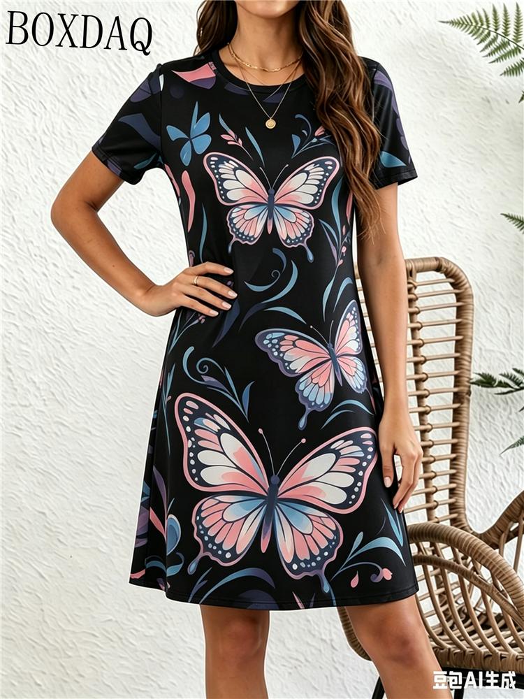 Butterfly Print Women's Summer Round Neck Short Sleeved Elegant and Fashionable Pullover A-line Dress Suitable for Afternoon Tea