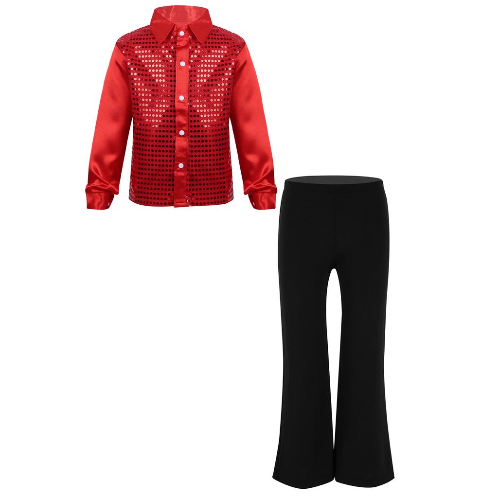 Copii Băieți Ținută Dans Jazz cu Sclipici Cămașă cu Mânecă Lungă cu Paiete și Nasturi Pantaloni de Performanță Costum de Scenă