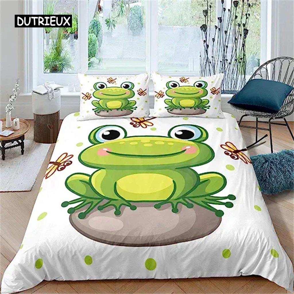 Duvet Cover Cartoon Mushroom Frog Cute Frog Duvet Cover for Kids Boys Girls Natural Wild Fungus Comforter Cover Pink Mushroom