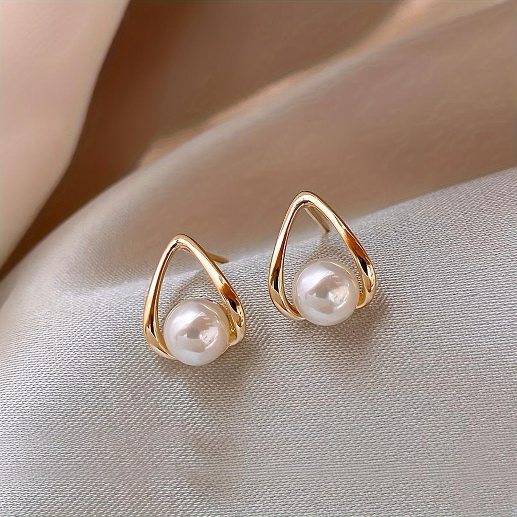 1 Pair French-Style Teardrop Geometric Imitation Pearl Small Elegant Stud Earrings for Women – Daily Casual High-End Fashion