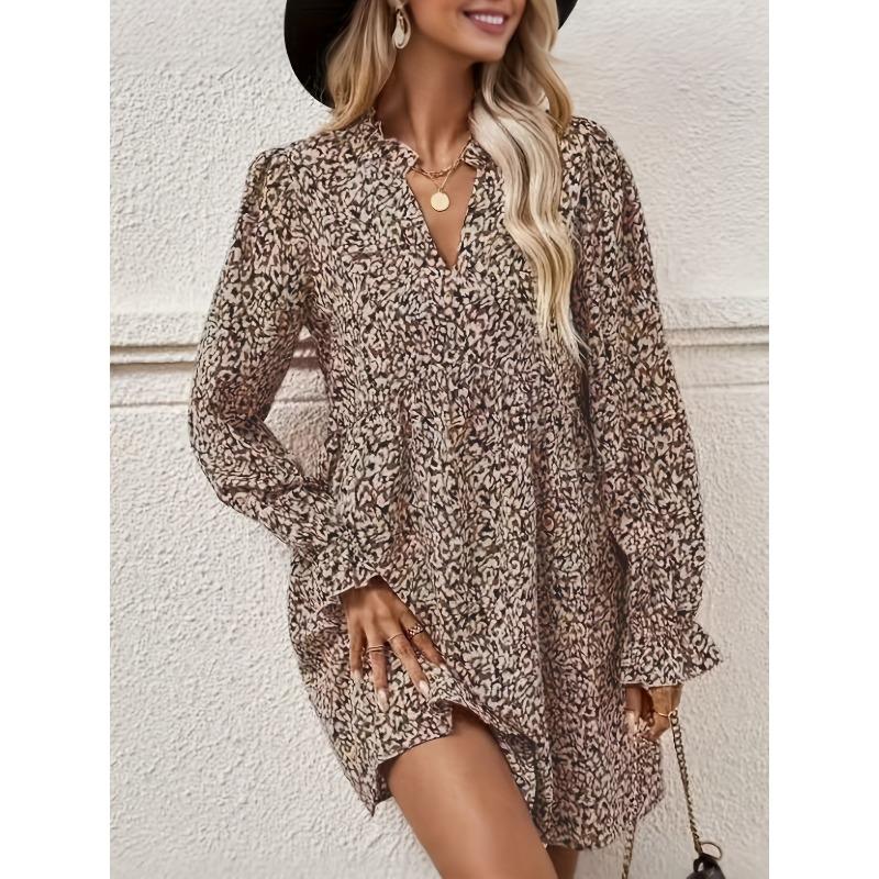 

JKASHDK Женская мода весна-осень с длинным рукавом V-образным вырезом свободная талия повседневные платья XXL темно-коричневого