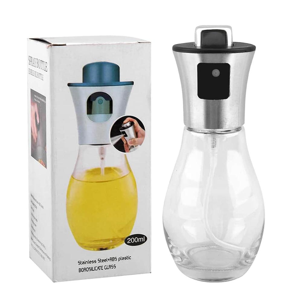 200ML Stainless Steel Spray Bottle Transparent Glass Press Type Oil Bottle Food Grade Portable Barbecue Air Frying Pan Baking