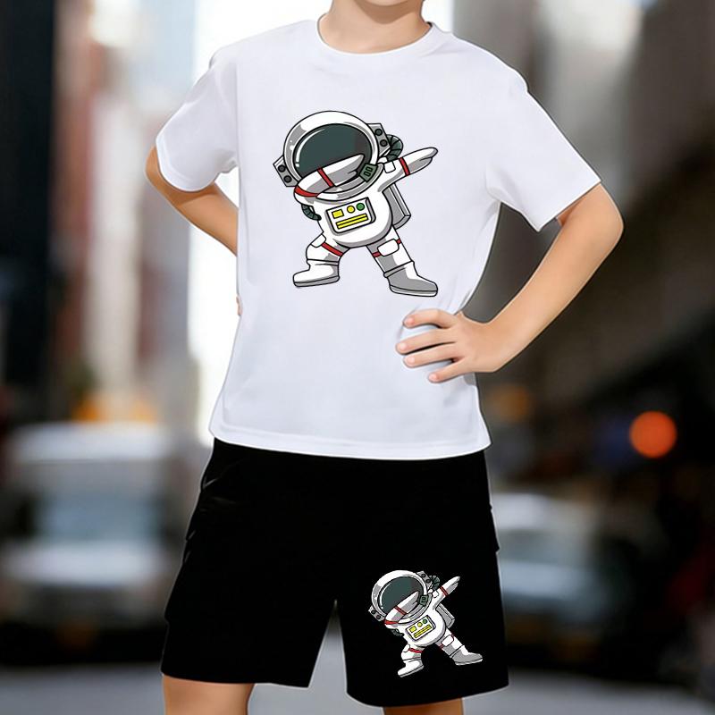

Boys 2 Piece Cartoon astronaut printed outfit, Short Sleeve T-Shirt and Shorts Set for Kids Age 5-14,White, Black Sporty Casual Summer Clothes 13-14 Years