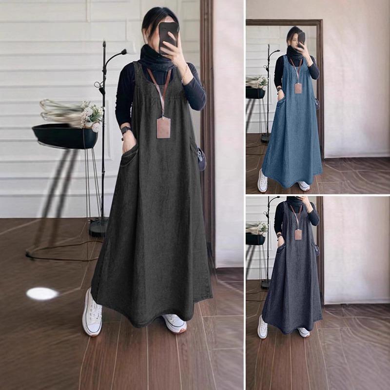 Summer Autumn Overalls Dress Muslim Sundress Robe Femme Vintage Straps Solid A Line Denim Blue Vestidos Kaftan