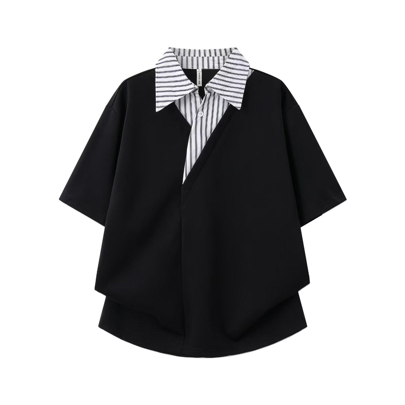 Men s Trendy Fake Two-Piece Polo T-Shirt - Cool, Loose, Short Sleeve, Summer Style L чёрный