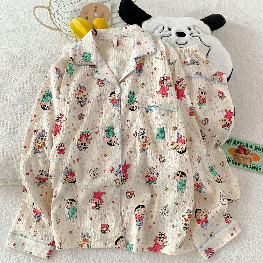 Cloud Cotton Cartoon Pajama Set: Long Sleeve Cardigan and Pants for Women