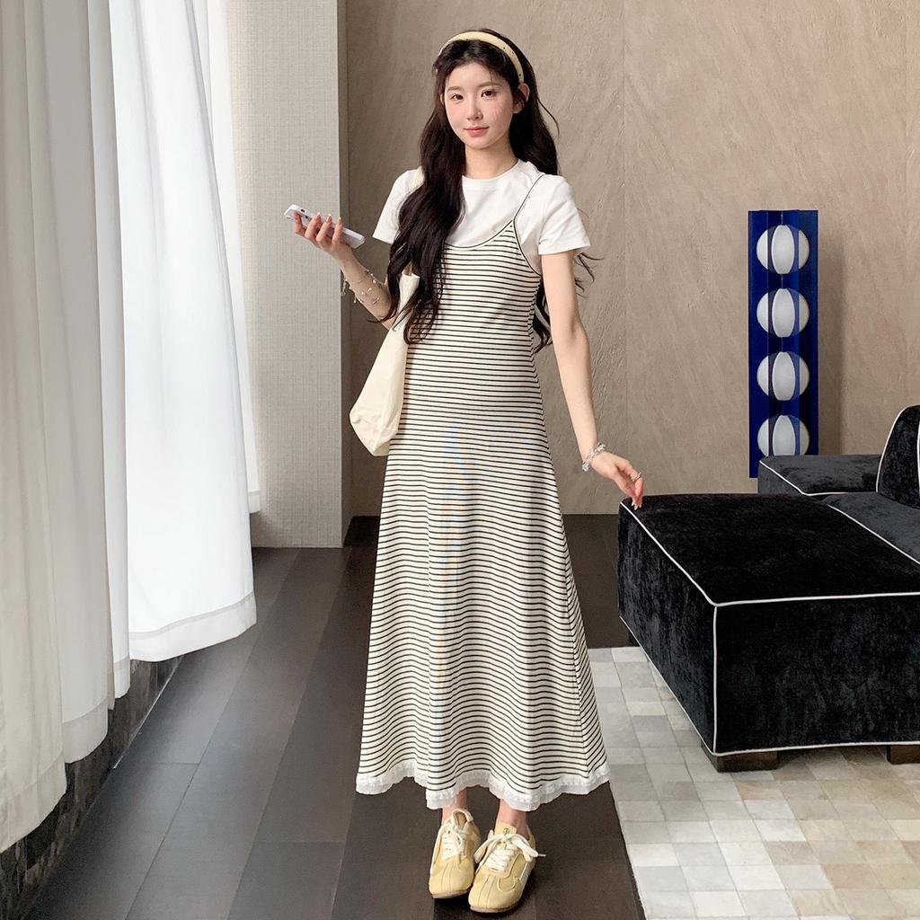 2026 Summer Casual Maternity Two-Piece Set: Short-Sleeved T-Shirt + Striped Slimming Overalls Skirt
