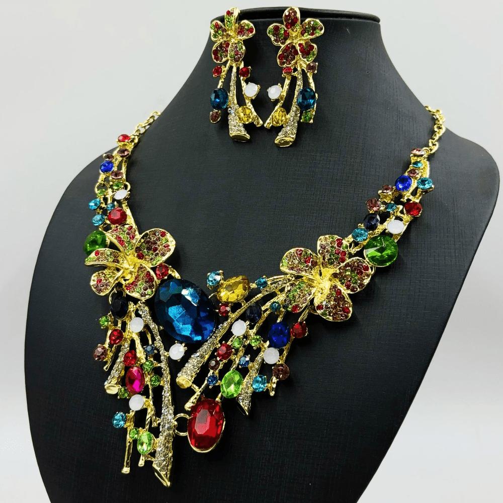 European and American Brides Exaggerated Flower Color Necklace Earrings Set Wedding Banquet Jewelry Set