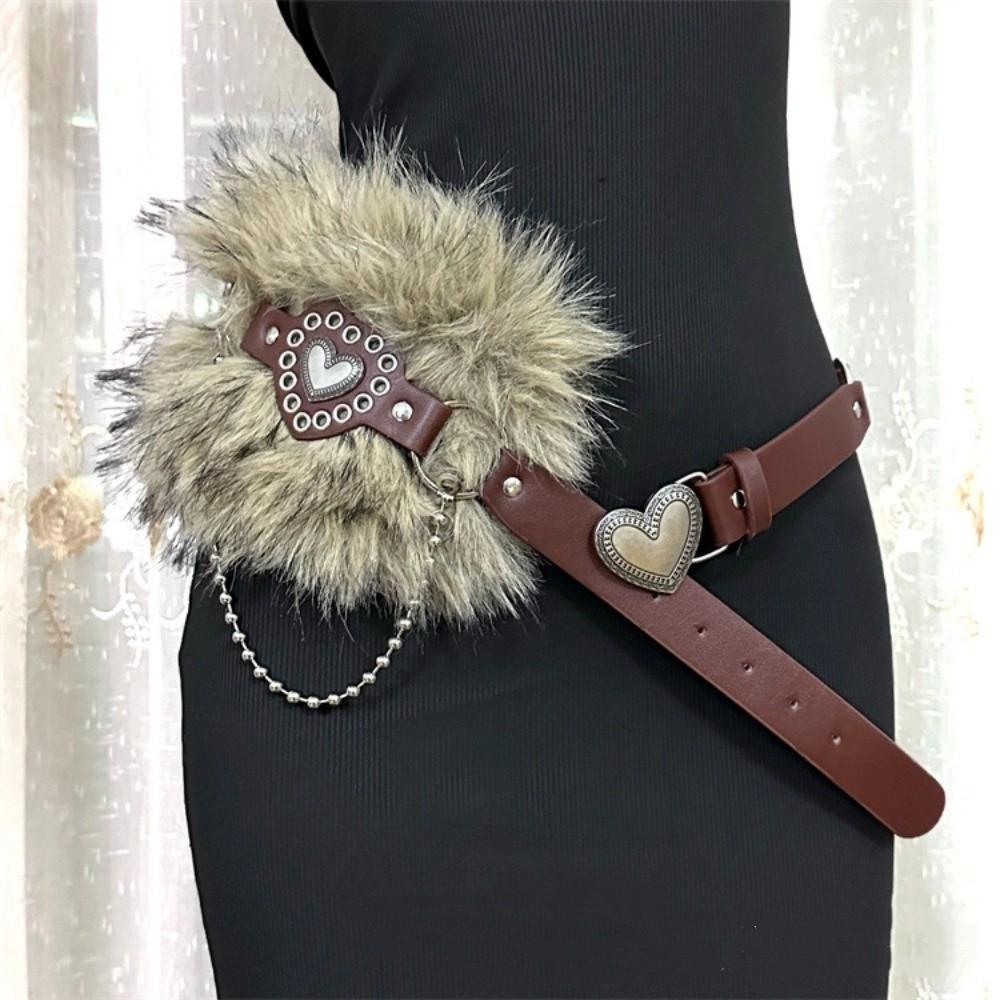 Patchwork Heart Waist Belt Faux Fur Brown Rivet Belt Fashion Women Waistband  Waist Accessories