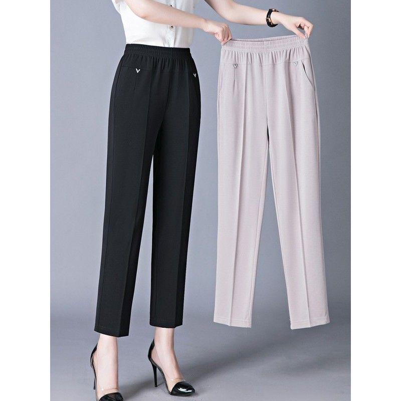 Women's Lightweight Ice Silk High-Waist Casual Pants for Summer - Mid to Elderly, Loose Fit, Nine-Length
