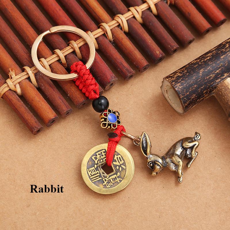 Pure Brass 12 Zodiac Keychain Pendant Five Emperors Money Lucky Key Ring Accessories Creative 3D Birth Year Women Men Bag Pendant New Year's Day Gifts