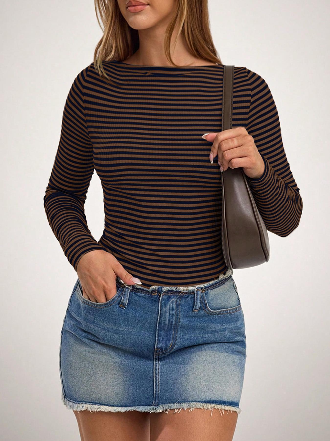 

Women s Slim Fit Casual Striped Long-Sleeve Autumn Base Layer Top L