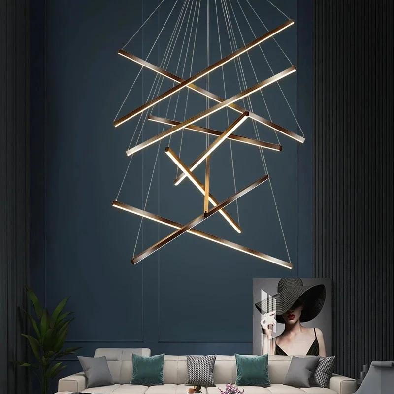Black Stair Chandelier Modern LED Ceiling Lamp Long Line Interior Fixture for Living Room Duplex Hanging Lamp