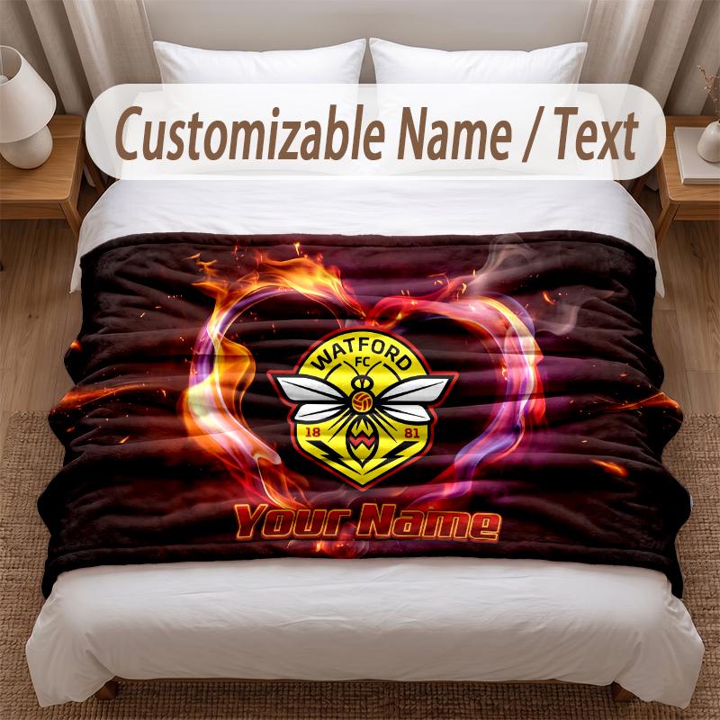 Watford FC Printed Flannel Blanket Custom Name Text Soft Warm Throw For Bedroom Holiday Gift