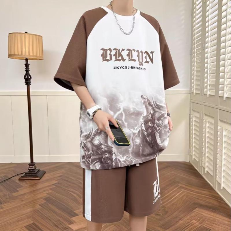 

Summer Men s Personalized Letter Print Comfortable Breathable Round Neck T-shirt Shorts Set Outdoor Street Style Outfit 5XL кавовий