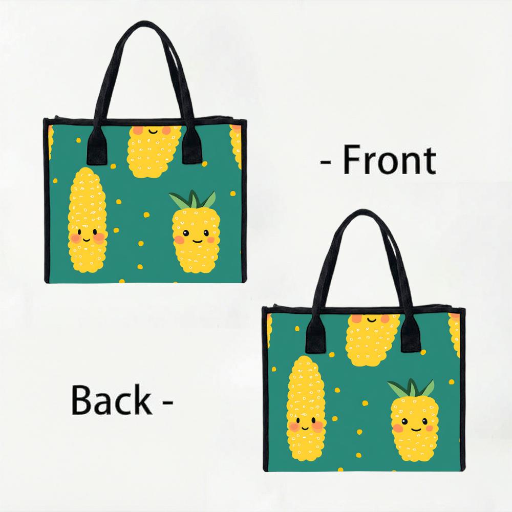 Cute Cartoon Corn Pineapple Printed Tote Bag Casual Large Capacity Reusable Daily Handbag for Women Shopping Travel