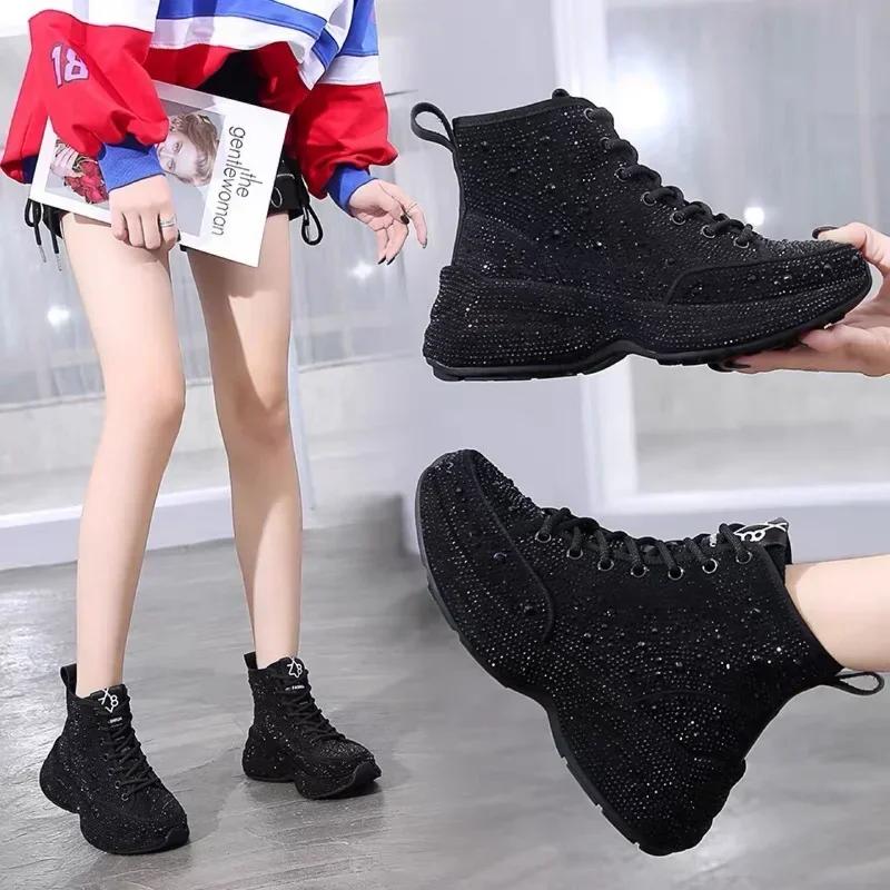 Fashion Top Quality Women Walking Shoes 2025 New Women's Casual Shoes Thick Sole Rhinestone Breathable Shiny Daddy Shoes Women Sneakers